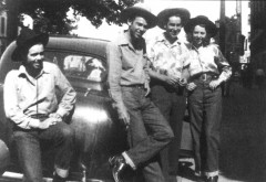 Rose and brothers Cal, Cliff, and Fred, downtown Modesto, late 1930s