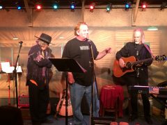 Troubadour contributing writer Terry Roland (center) with Stevie Kalinich and John York at the Coffee Gallery in Alta Dena