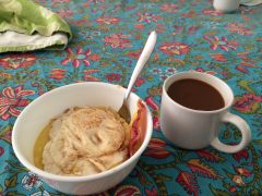 Breakfast of grits and chicory coffee. Photo by Clint Davis.